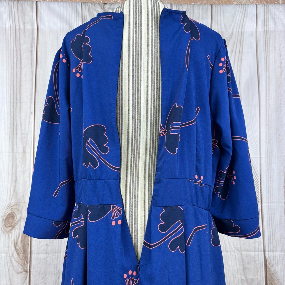 New Floral Midi Dress 3/4 Sleeves Pockets Evening Flare Pleated Blue Size XXL - Picture 7 of 15